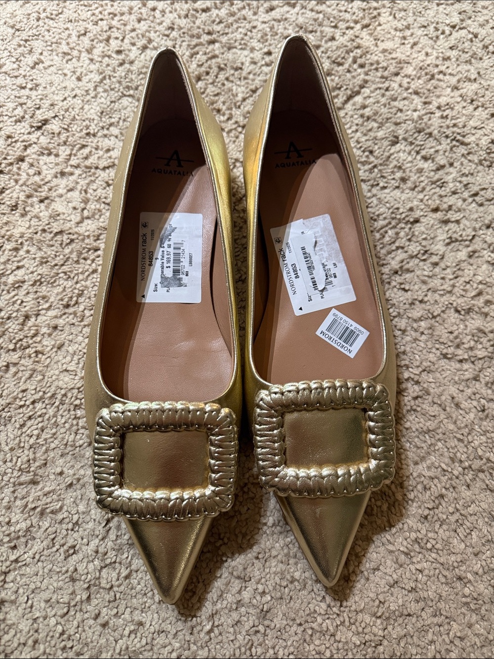 Aquatalia Metallic Gold Pointed Toe Buckle Flats